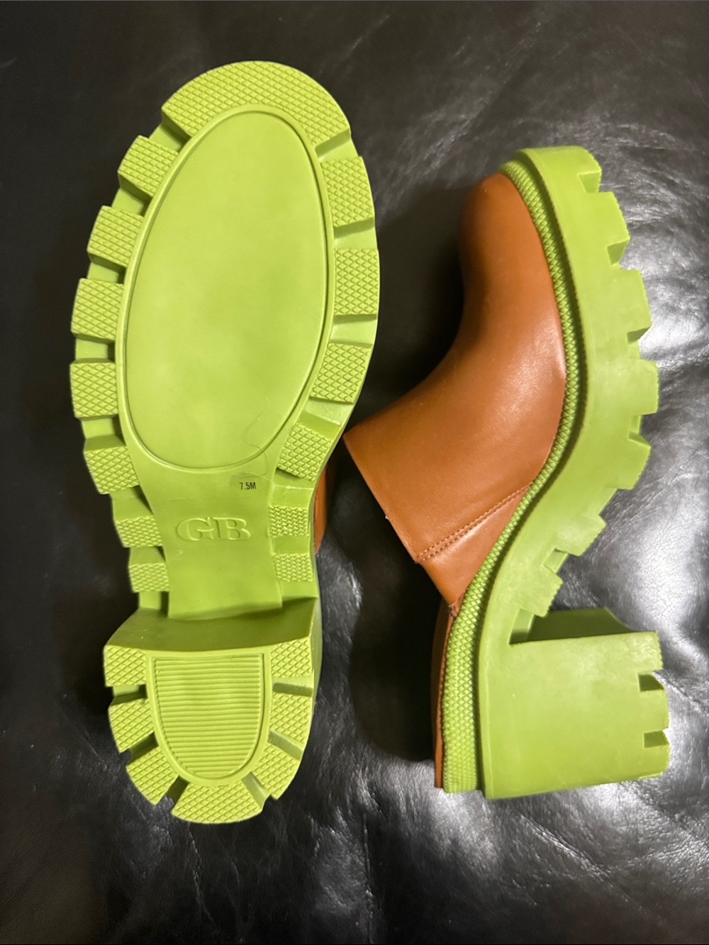 Gianni Bini Tan Leather Mule with Lime Green Chunky Sole - Picture 3 of 3